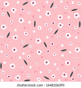 Pink seamless pattern with white flowers. Cute floral print. Vector hand drawn illustration.