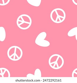 Pink seamless pattern with white hearts and peace symbols