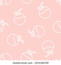Pink seamless pattern with white outline coconut drink.