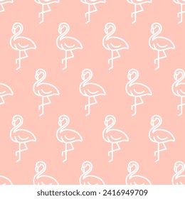 Pink seamless pattern with white outline flamingo