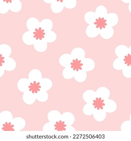 Pink seamless pattern with white Sakura flowers. Spring print with cute cherry blossoms 