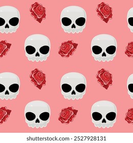 Pink seamless pattern with white skulls and red roses, blending Halloween and Day of the Dead themes