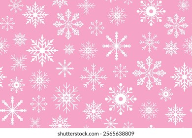 Pink seamless pattern with white snowflakes. Snowflakes icons. Winter barbie style design.