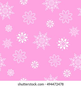 Pink seamless pattern with white snowflakes. Vector illustration.