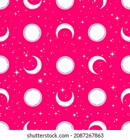 Pink seamless pattern with white sun and moon.