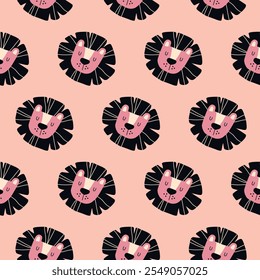 Pink seamless pattern with a wild african lion head.