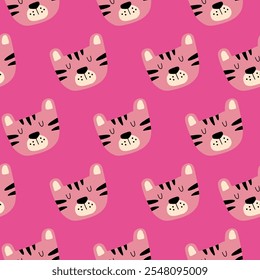 Pink seamless pattern with a wild tiger head.