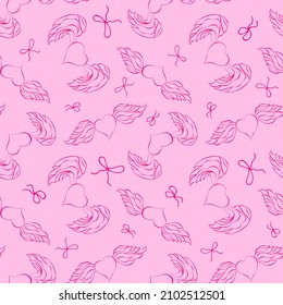 Patrón transparente rosa. El corazón alado y los arcos esquematizan la textura repetida irregular. Día de San Valentín, fondo pastel sin límites. Diseño de superficie de doodle para tarjetas de felicitación o papel de regalo.