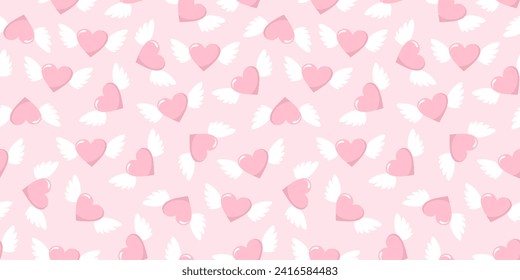 Pink seamless pattern with winged hearts. Flat vector illustration