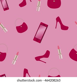 Pink seamless pattern with woman shoes, lipstick, bag and phone. Female background.