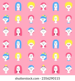 pink seamless pattern of women with various hairstyles