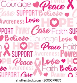 Pink seamless pattern with wordclouds and text about breast cancer. Repeat background with strong and supportive words for feminine healthcare. Repetitive texture for prevention and solidarity.