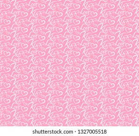 Pink seamless pattern with the words love and kiss vector graphics