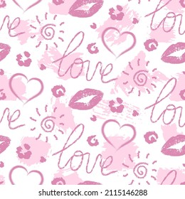 Pink seamless pattern. Written red lipstick printing. Repeating lettering, heart, lips print. Repeated romantic background. Beauty backdrop. Symbols love for design printed. Vector illustration