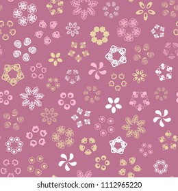 Pink seamless pattern with yellow, pink and white flowers. Vector illustration.