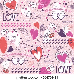 Pink seamless patterned background with, red and blue valentine heart and wishes text,  vector illustration. Ideal for printing onto fabric and paper or scrap booking.