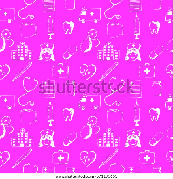 Pink seamless pattern-medical items. This\
illustration is drawn with a\
pencil.