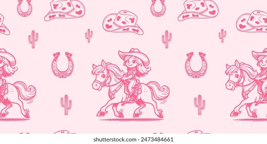 pink seamless patterns with a cowgirl. Vector design