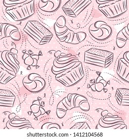 Pink Seamless Patterns with cupcake, croissant, cake and bonbon on grunge background. Ideal for printing onto fabric and paper or scrap booking, vector.