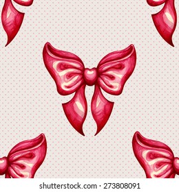 Pink seamless polka dot pattern.Hand drawn patterns from bows. Simple pattern for your design.Vectorized watercolor drawing.Vector abstract background.Vintage  design. Isolated on a beige background.