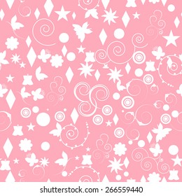 pink seamless print with flowers, butterflies, curls and other elements