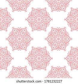 Pink seamless print on white background. Indian style pattern. Vector illustration