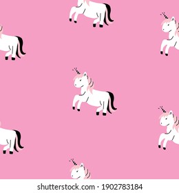 Pink Seamless Repeat Pattern of Unicorn. Simple Hand drawn vector girl pattern