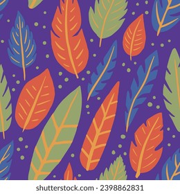 Pink Seamless Simple Quill Leaves Pattern. Dark Continuous Exotic Plumage Artwork, Seamless Texture. Vivid Endless Summer Feathers Lines Wallpaper. Quill