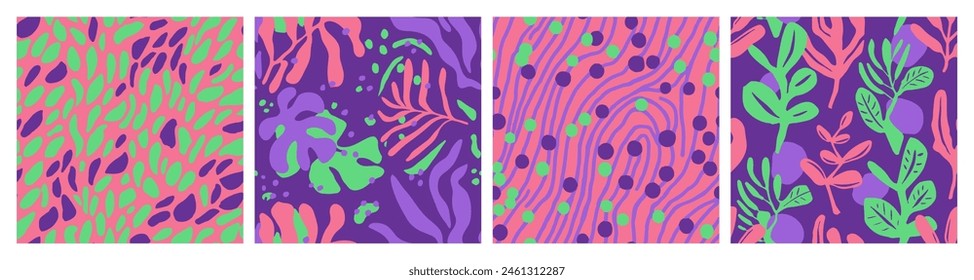 Pink Seamless Summer Organic Lines Print. White Endless Abstract Bloom Ornament, Seamless Art. Green Repetitive Creative Graphic Style Vector. 