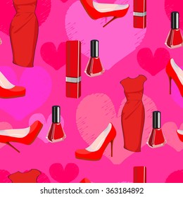 Pink seamless texture of glamour. Red dress, red lipstick, red nail Polish, red shoes, pattern vector illustration.