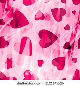 Pink seamless texture with hearts and wavy stripes. Abstract vector background for web page, banners backdrop, fabric, home decor, wrapping, romantic design