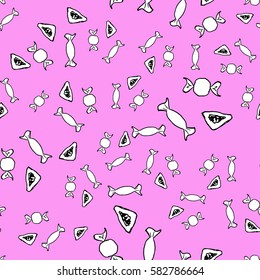 Pink seamless texture on Purim with Gomentash, candy. Doodle, sketch, hand drawing. Vector illustration