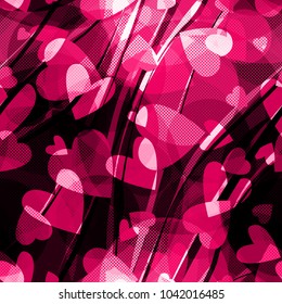 Pink seamless texture for valentines day Romantic pattern Hearts, stripes, dots, circles mix random. Abstract vector background for web page, fabric, home decor, wrapping, greeting card, girls design