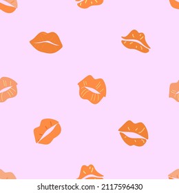 Pink seamless unusual pattern kisses in vintage style on pink background. Vector seamless pattern.