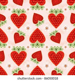 Pink seamless valentine pattern with decorative strawberry and flowers (vector)