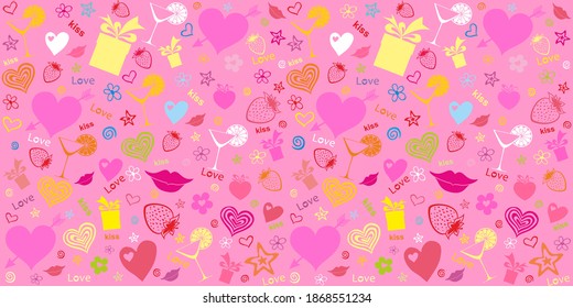 Patrón de San Valentín rosa sin foco con caja de regalo y corazones. Diseño para la boda. 14 de febrero. Diseño de menú. Plantilla para una panadería, cafetería. Fondo de fondo para fondo de pantalla, rellenos de patrones, página web. Vector