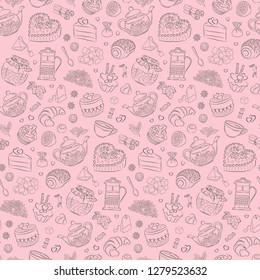 pink seamless valentine pattern of sweets, hearts and tea elements