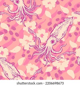 Pink seamless vector background. Beautiful cute endless pattern with squid and botanical elements. Fashion print for packing, textile, fabric.