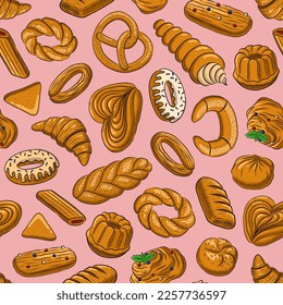 PINK SEAMLESS VECTOR BACKGROUND WITH DELICIOUS SWEET PASTRIES
