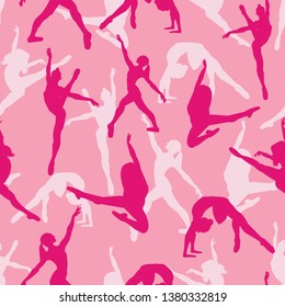 Pink seamless vector background with elements of dancing ballerinas. Perfect for fabric, gift wrap, invitations, dance studios, wall paper, home decor, quilting, projects and scrapbooking.