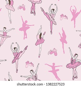 Pink seamless vector background with elements of ballet dancers. Perfect for fabric, gift wrap, dance studio, invitations, scrapbooking, home decor, wall paper, quilting and projects.