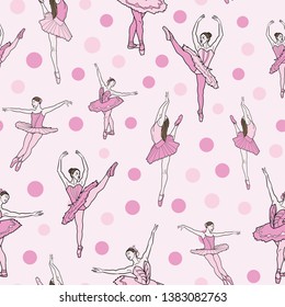 Pink seamless vector background with elements of ballerinas and dots. Perfect for fabric, wall paper, gift wrap, dance studios, invitations, quilting, scrapbooking and home decor.