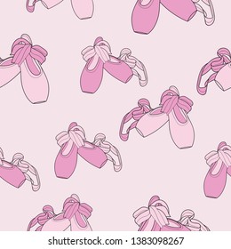 Pink seamless vector background with elements of ballerina shoes. Perfect for fabric, wall paper, gift wrap, dance studios, invitations, quilting, scrapbooking and home decor.