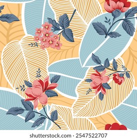 Pink seamless vector flowers with grey leaf on background of large blue and yellow leaves.