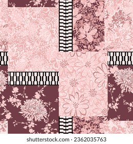 pink seamless vector flowers leaves texture bandanna pattern on background