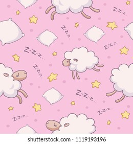 Pink seamless vector pattern for girls with cute sheep flying in the starry sky with pillows and letters "zzz". Textile design. Sleeping concept. Ornament for wallpapers, backgrounds and prints 