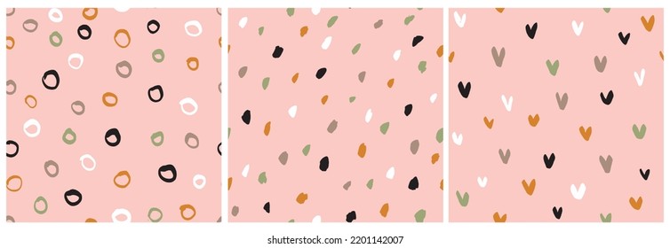 Pink Seamless Vector Patterns with Circles, Spots and Hearts. Black, White, Orange, Gold and Green Hani Drawn Circles, Dots and Hearts on a Pastel Pink Background. Abstract Geometric Irregular Prints.