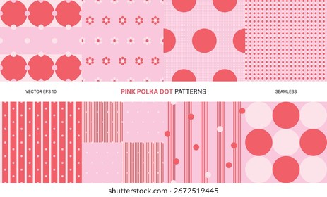 Pink seamless vector patterns with polka dots floral elements retro background abstract design wallpaper fabric texture wrapping paper cute vintage decoration geometric ornament repeat pattern set