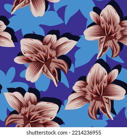 pink seamless vector stock flowers pattern on blue background