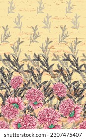 pink seamless vector stock flowers with grey leaves border body pattern on texture yellow background